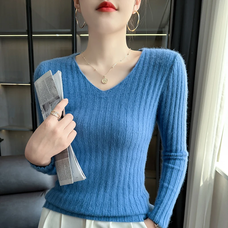 

24 New Autumn and Winter 100 Pure Cashmere Sweater Women's V-Neck Draw Slim Slimming Pullover Sweater Solid Color Knit Base Top