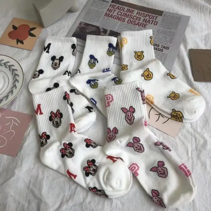 

New Kawaii Miniso Mickey Mouse Minnie Mouse Donald Duck Pooh Bear White Socks Cartoon Lovable Versatile Birthday Gift For Girls