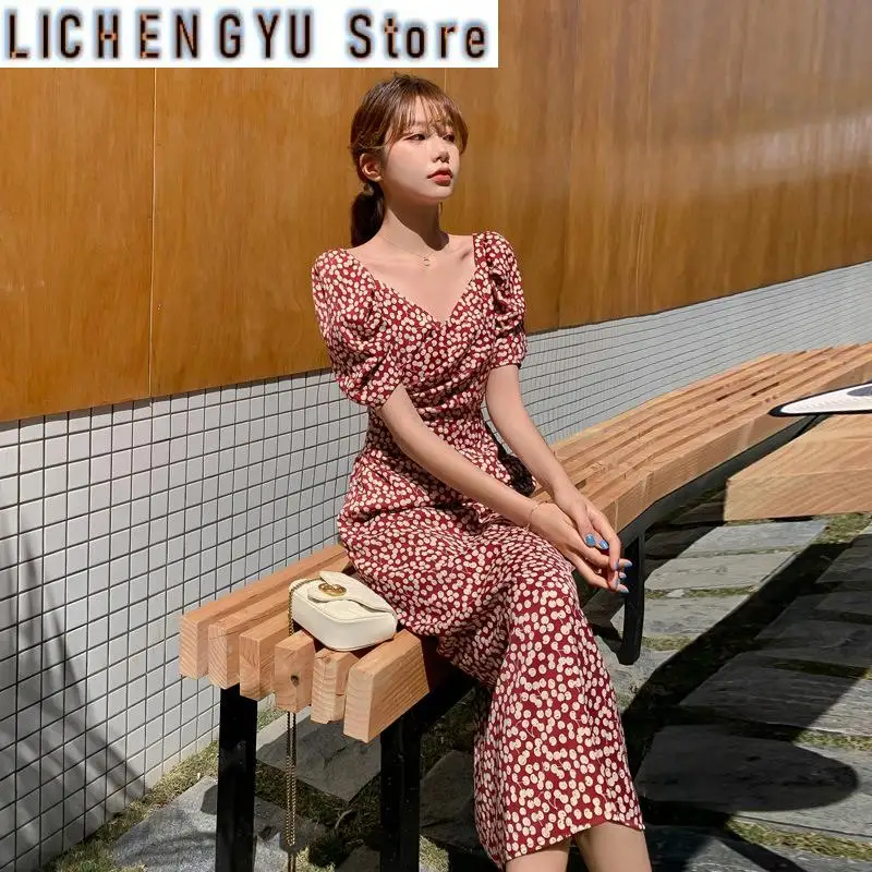 

New Vintage Floral Print Long Dress Sexy V-Neck Retro Puff Sleeve Boho Chiffon Women Dresses Summer Fairy Dress Robe Ete Femme