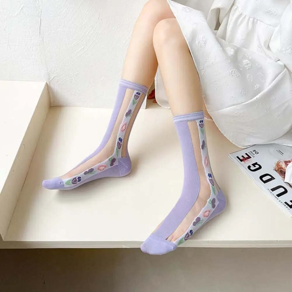 

Gift Summer Elastic Gauze Fashion Flower Korean Style Socks Glass Silk Hosiery Women Thin Socks Transparent