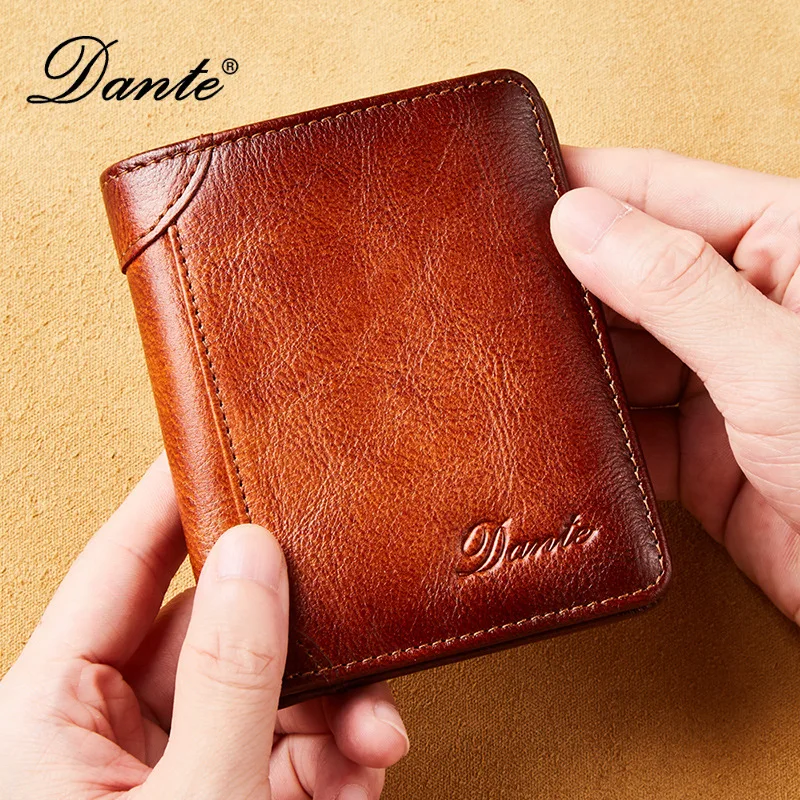 

Dante Two fold Men's Leather Wallet RFID Anti-theft Brush Degaus Head Layer Cowhide Retro Casual Vertical Money Bag Money Clips