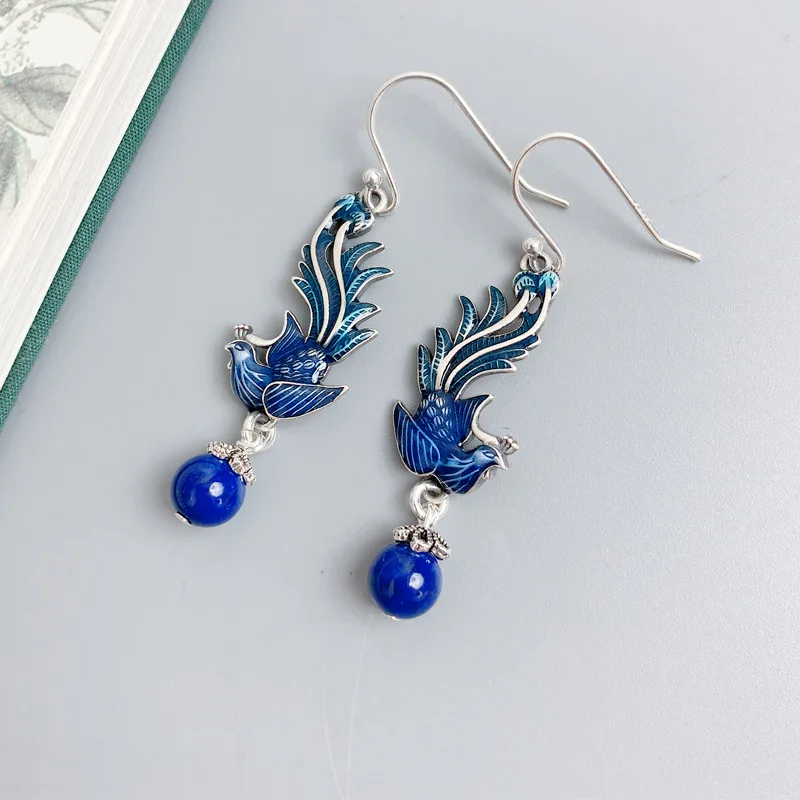 

925 Silver Blue Enamel Phoenix Tassel Earrings for Women Female Lapis Lazuli Chinese Style Exaggerated Earings Banquet Jewelry