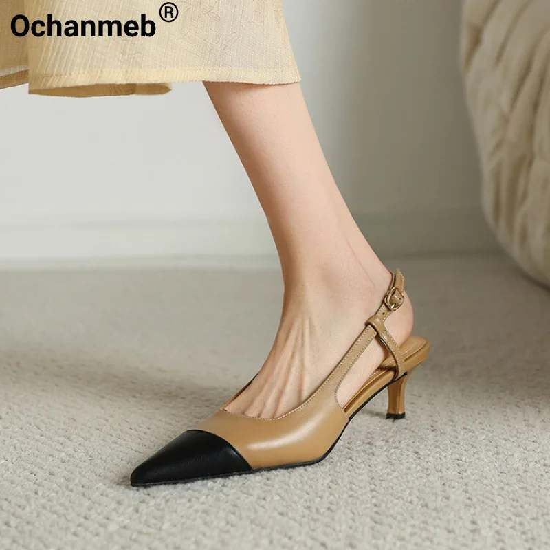 

Женские босоножки Ochanmeb из натуральной кожи, с закрытым острым носком, разные цвета, туфли-лодочки на тонком среднем каблуке, серебристая, винно-красная обувь для офиса