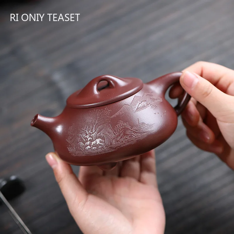 

Чайники из фиолетовой глины ручной работы Yixing, 280 мл, Аутентичные чайники ручной работы с вырезанным ландшафтным камнем, чайный чайник, китайский чайный набор Zisha