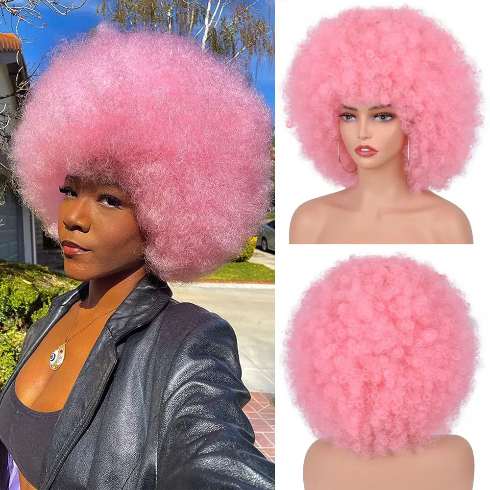 

Short Hair Afro Curly Wigs With Bangs For Black Women African Blonde Synthetic Wig Ombre Glueless Cosplay 70s Bouncy Fluffy Wigs