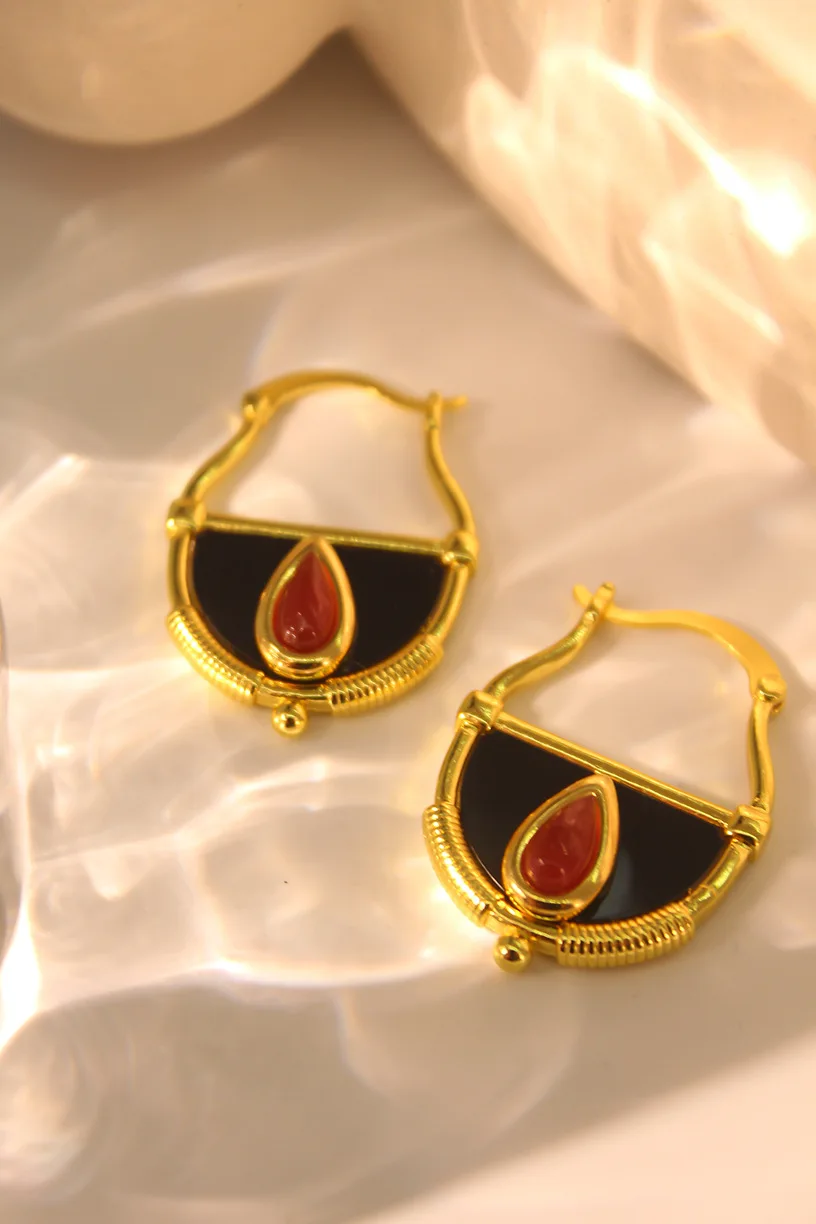 

Vintage 18K Gold Filled Greece Turkish Black Agate Evil Eye Ear Buckle Ruby Lucky Eye Choker Necklace Set Byzantium Jewelry Set