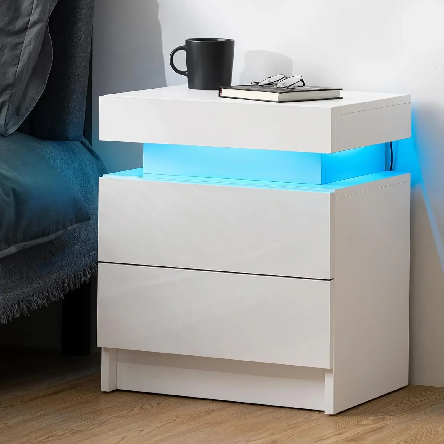 

New LED Nightstand White Nightstand with Led Lights Modern Night Stand with 2 High Gloss Drawers Led Bedside Table | USA | NEW