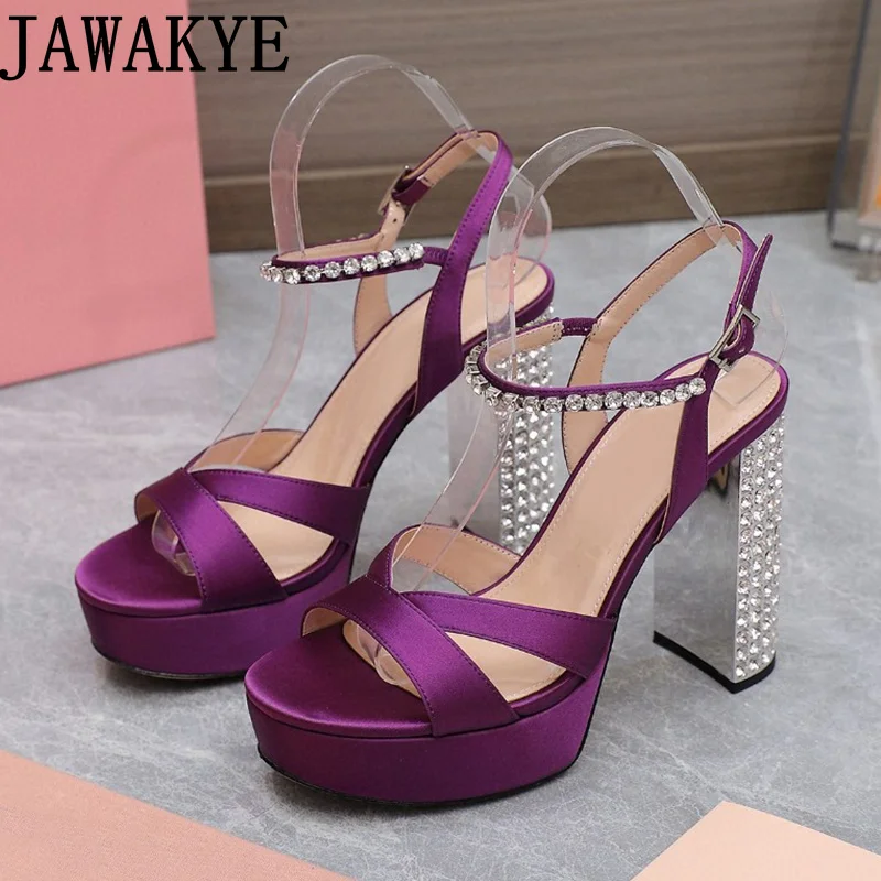 

Luxury Crystal Embellished Block Heel Platform Sandals Runway Brand Women's Shoes Formal Satin Evening Dress Sandals Party Shoes