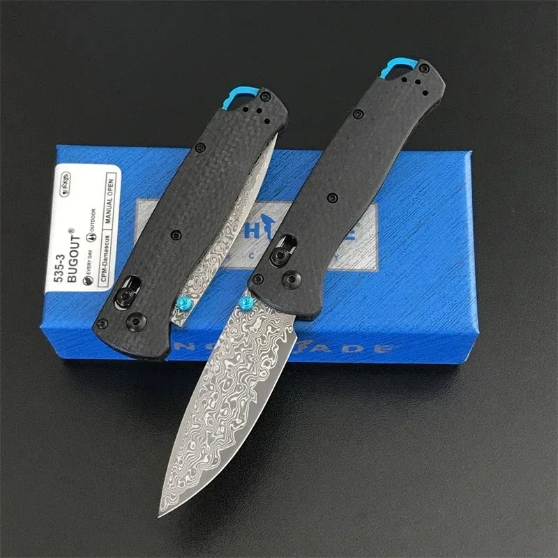 

Damascus Blade BENCHMADE 535 Bugout Folding Knife Carbon Fiber Handle Outdoor Camping Survival Portable Pocket Knives