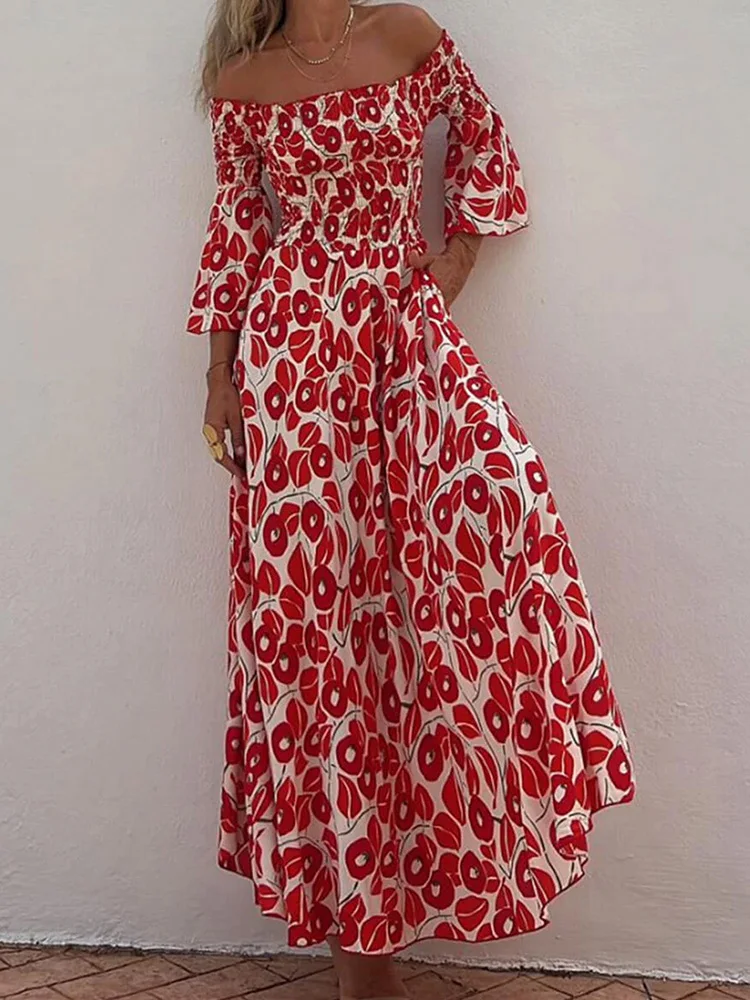 

Women Spring Summer Three Quarter Flare Sleeve Maxi Dress, Fashion Floral Printing Party Dress, Slash Neck Backless Ladies Dress