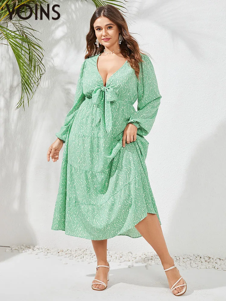 

YOINS Bohemian Bow Long Puff Sleeve Midi Dress Women's Casual V Neck Sexy Holiday Robe Loose Floral Printed Plus Size Sundress