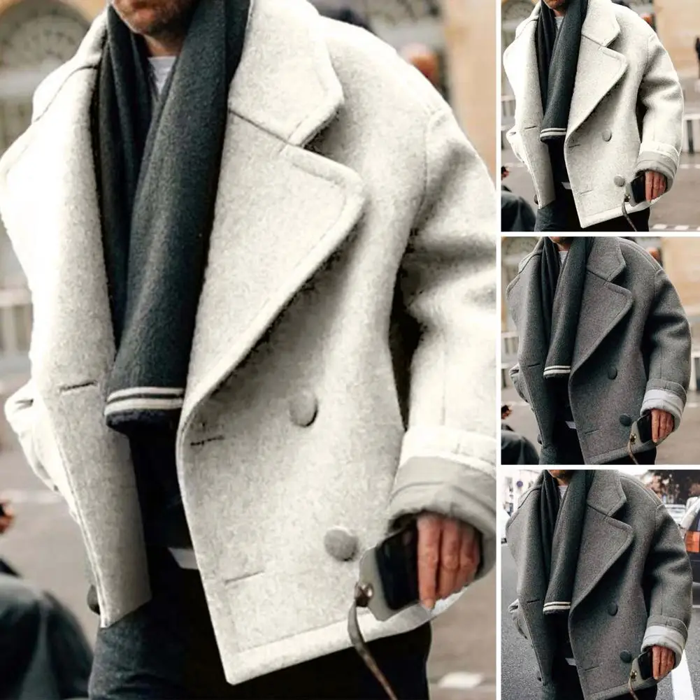

Мужское зимнее шерстяное пальто с отложным воротником и длинными рукавами, двубортное однотонное теплое короткое пальто с карманами, верхняя одежда, уличная одежда