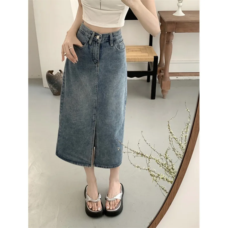 

Summer Denim Skirt Women Japanese and Korean Fashion Casual Simplicity Large Size Long Section High Waist Split Skirt Long Skirt