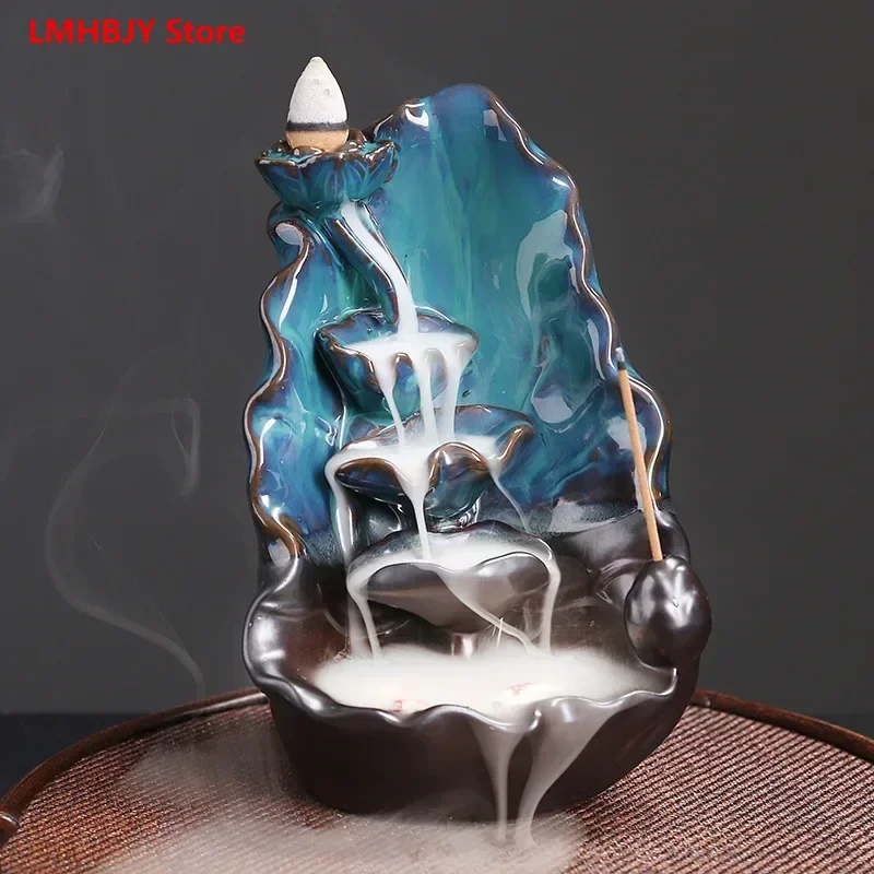 

LMHBJY Ceramic Lotus Smoke Backflow Waterfall Incense Stove Creative Blue Lotus Backflow Incense Stove Home Decoration