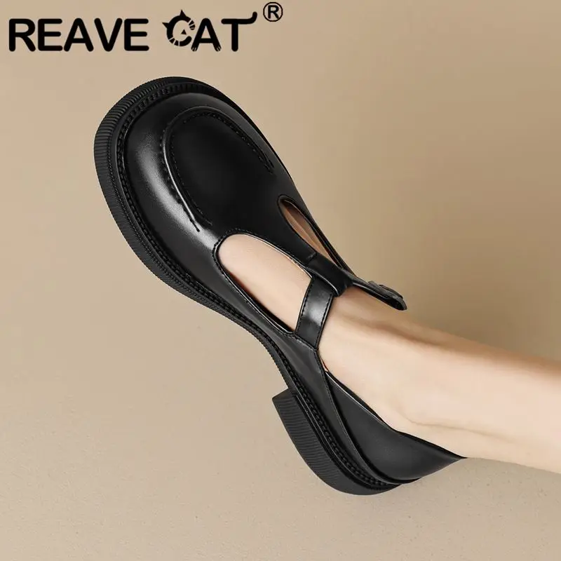 

REAVE CAT 2024 New Summer Vintage Women Flats 32 33 Round Toe Buckle T-Strap Big Size 42 43 Leisure Soft Daily Mary Janes Shoe