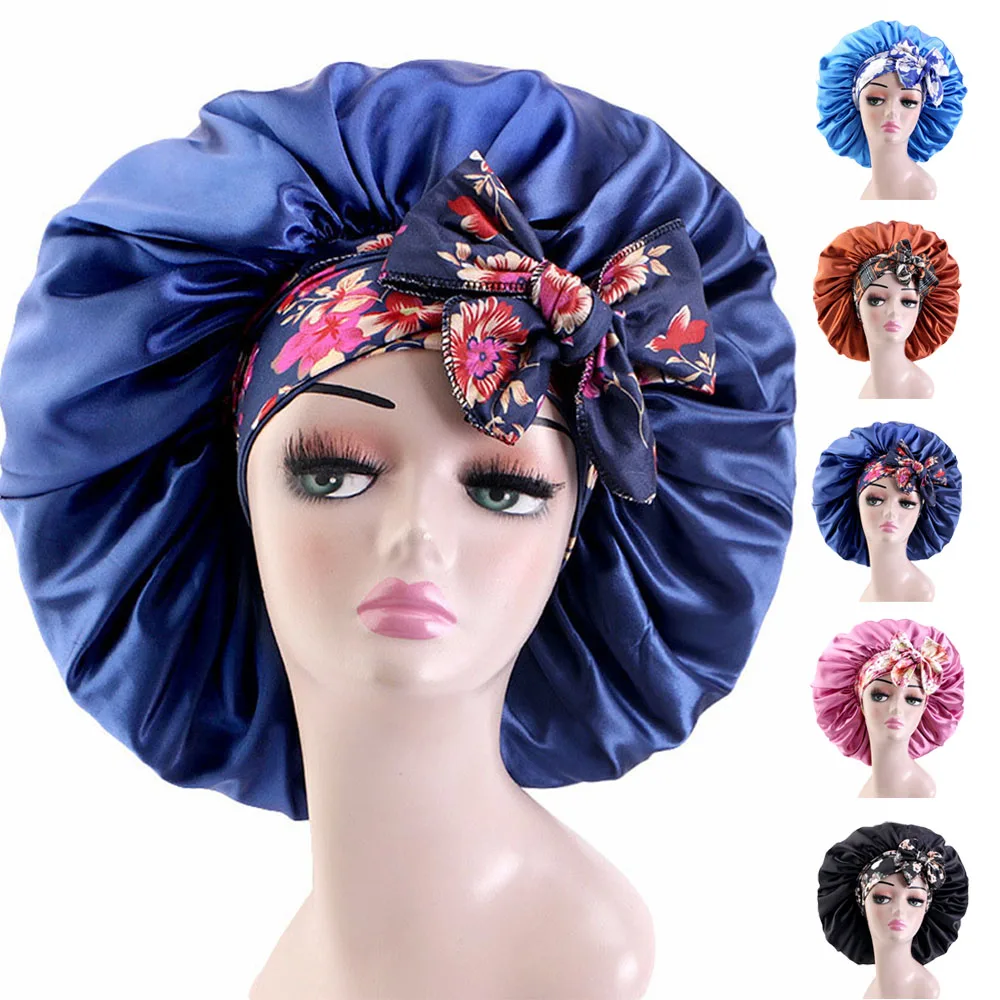 

Extra Large Satin Hair Care Bonnet for Women Night Sleep Sleeping Cap African Pattern Ankara Print Long Tail Wide Band Wrap Hat