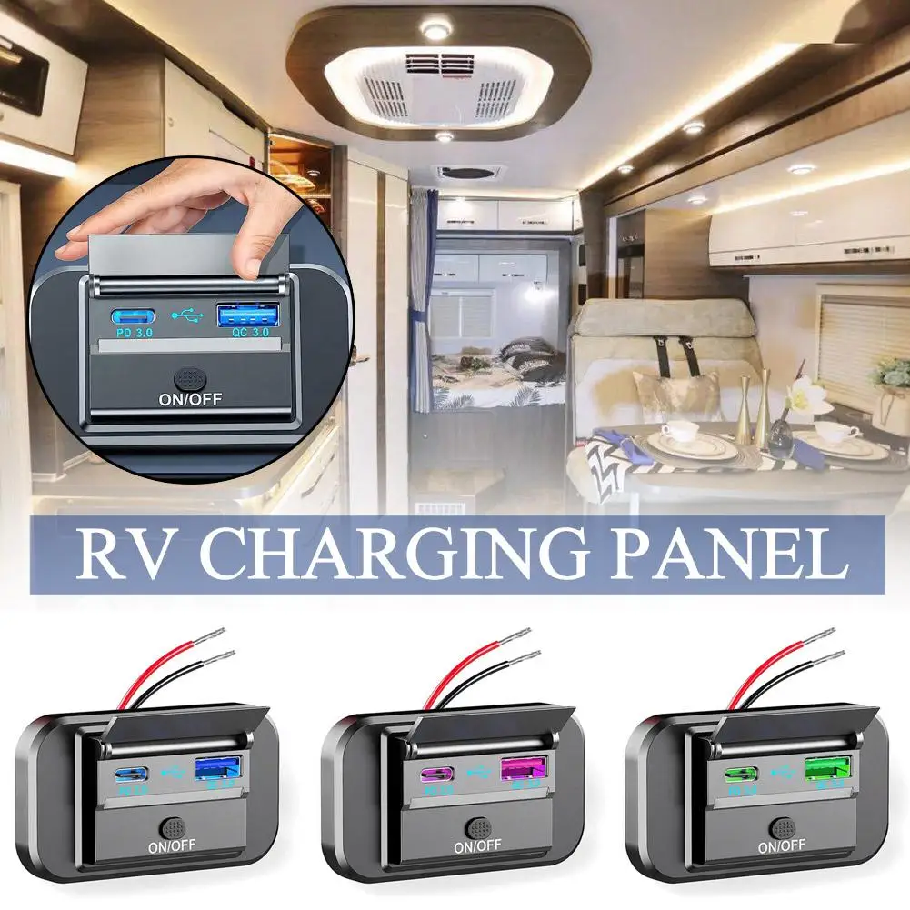 

12V/24V In Car USB Charging Socket RV Bus USB Panel Mobile Charger QC3.0+PD3.0 Fast Charging Without Opening Hole