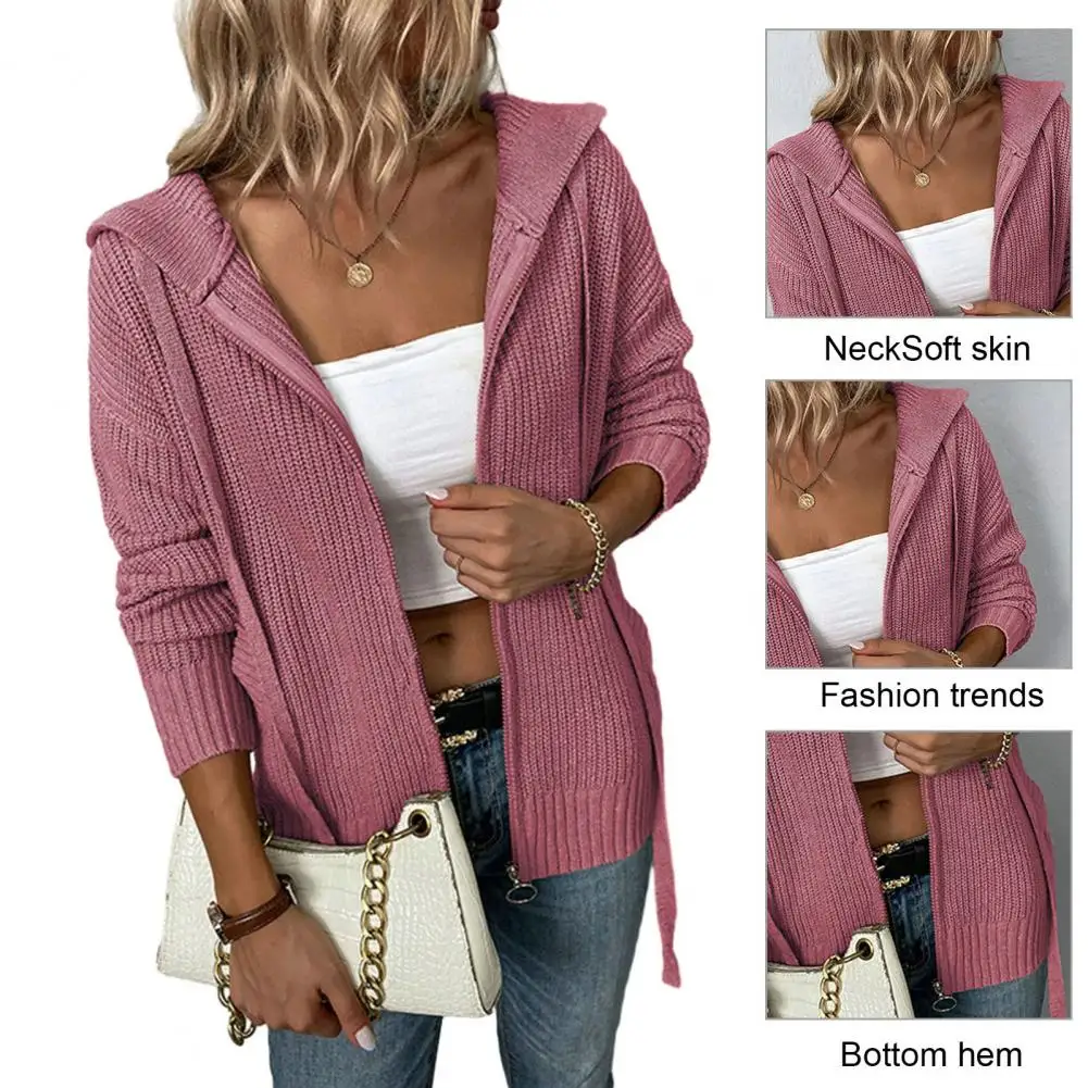 

Women Knitted Coat Women Solid Color Coat Cozy Knitted Cardigan Jacket with Hood Zip-up Closure Pockets Warm Stylish Women's