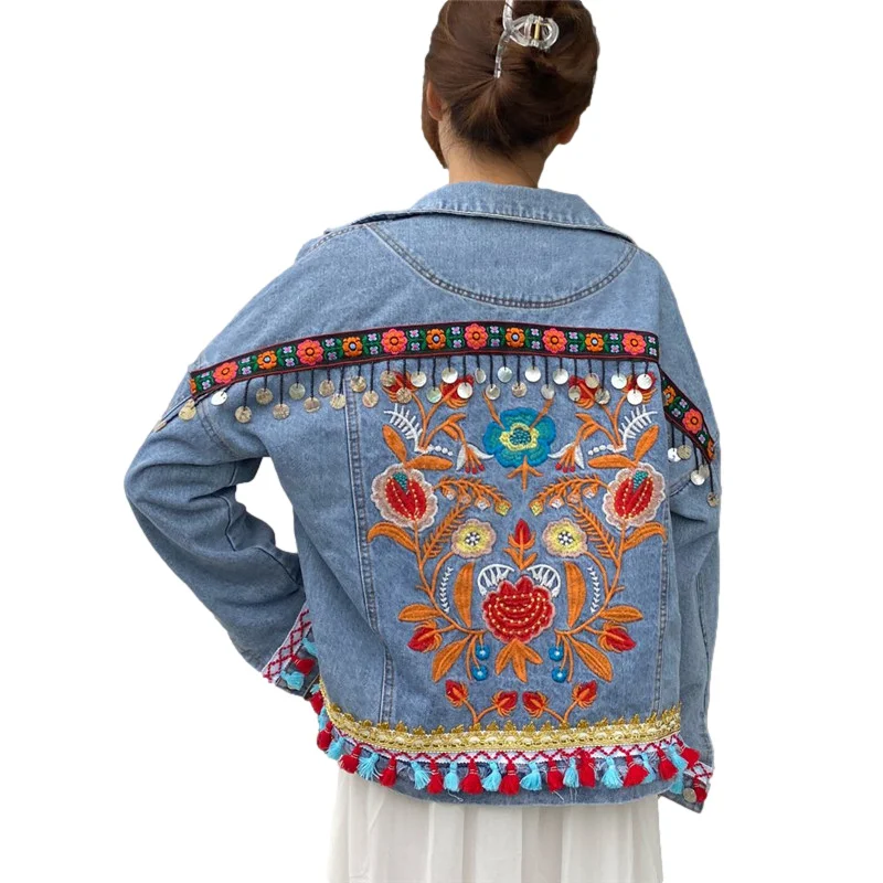 

Sequins Tassel Embroidery Denim Jacket Women Loose Short Splicing Pocket Cowboy Outerwear Frayed Hem Jeans Jacket Coat Female