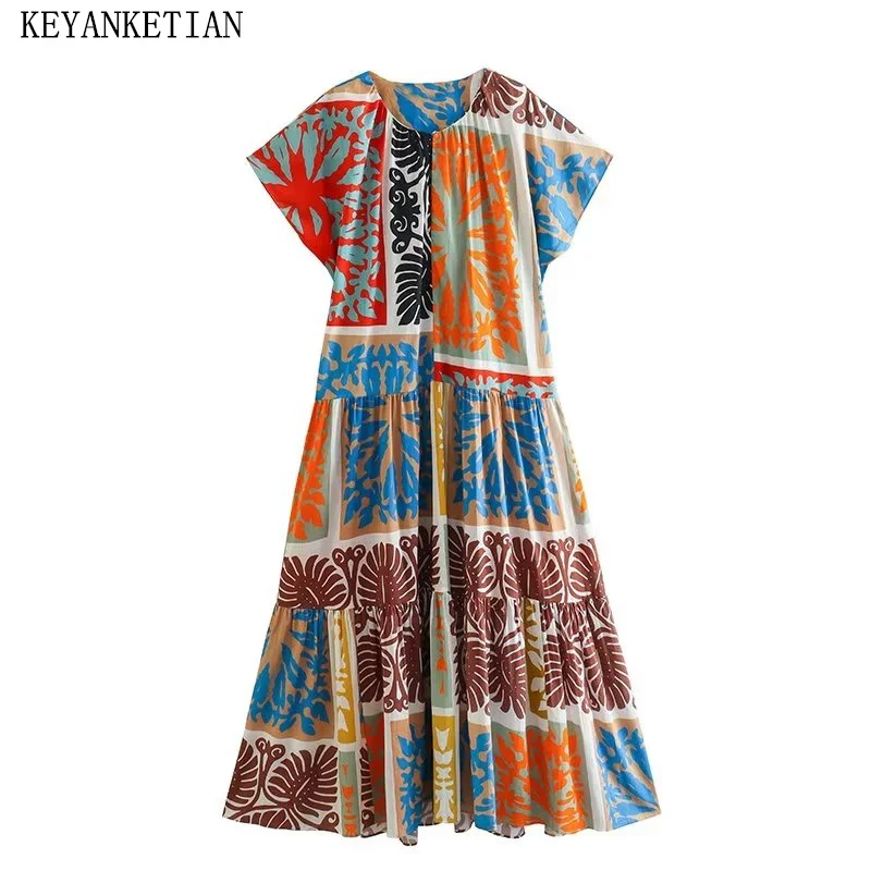 

KEYANKETIAN Summer New Tribal Ethnic Style Graffiti Print Cascading Patchwork Women's Dress Bat Sleeve Loose A-Line MIDI Skirt