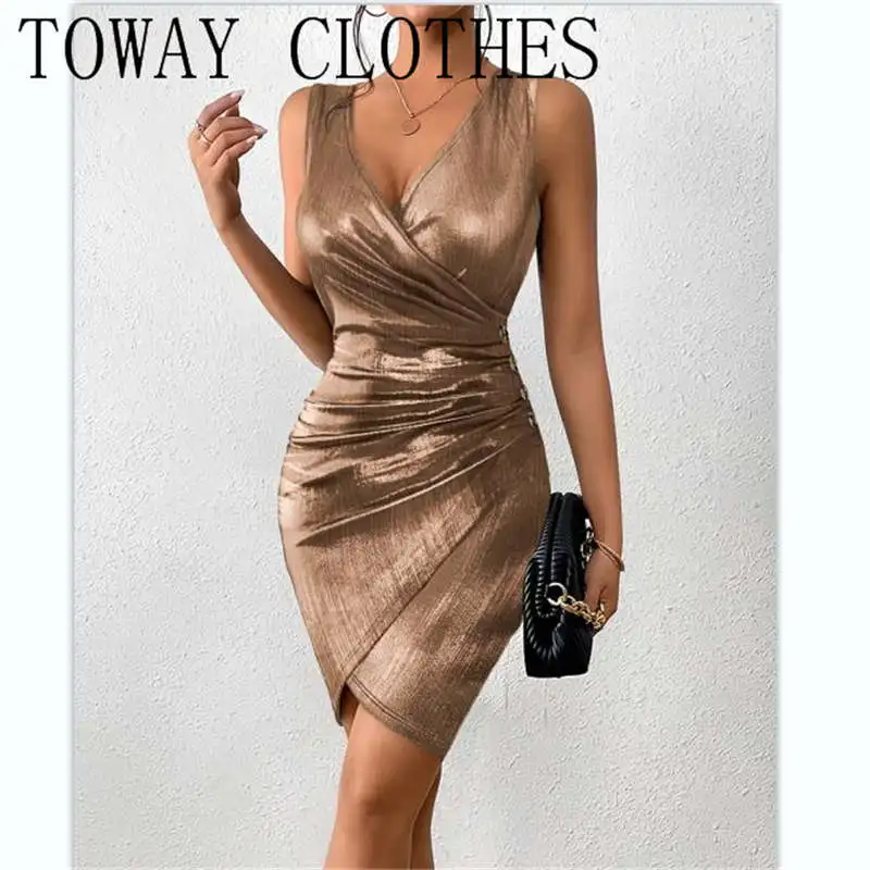 

Fashion Women Metallic Plunge Ruched Wrap Party Dress 2023 Summer V Neck Sleeveless Mini Bodycon Dress Sexy Party Robes Female