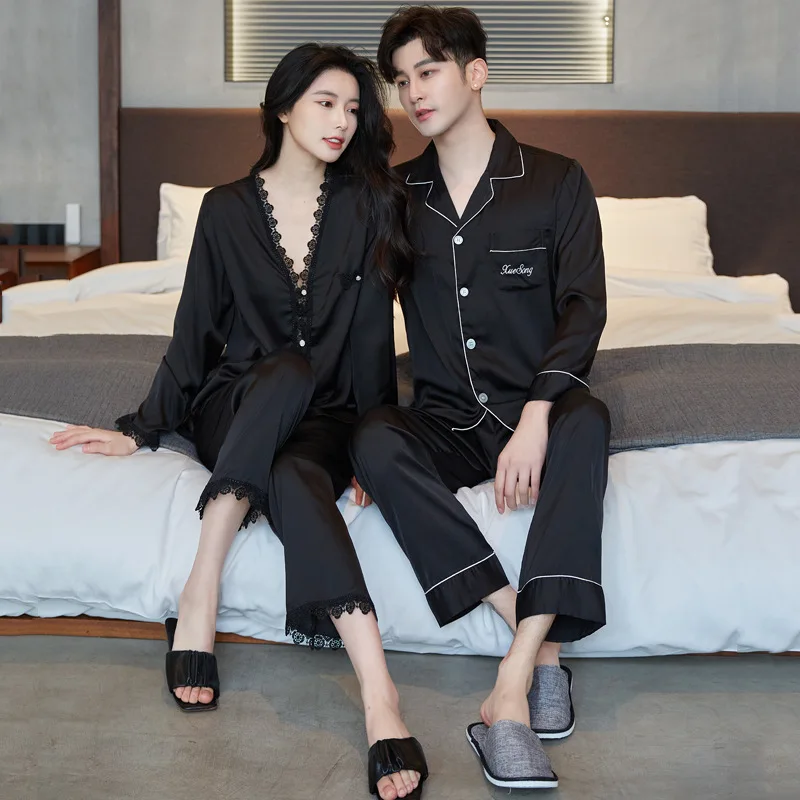 Women Lace V-Neck Sleepwear With Buttons Couple Satin Pajamas With Pants Men Lapel Nightwear Pyjamas Pour Femme Satin Lingerie
Women Lace V-Neck Sleepwear With Buttons Couple Satin Pajamas With Pants Men Lapel Nightwear Pyjamas Pour Femme Satin Lingerie
