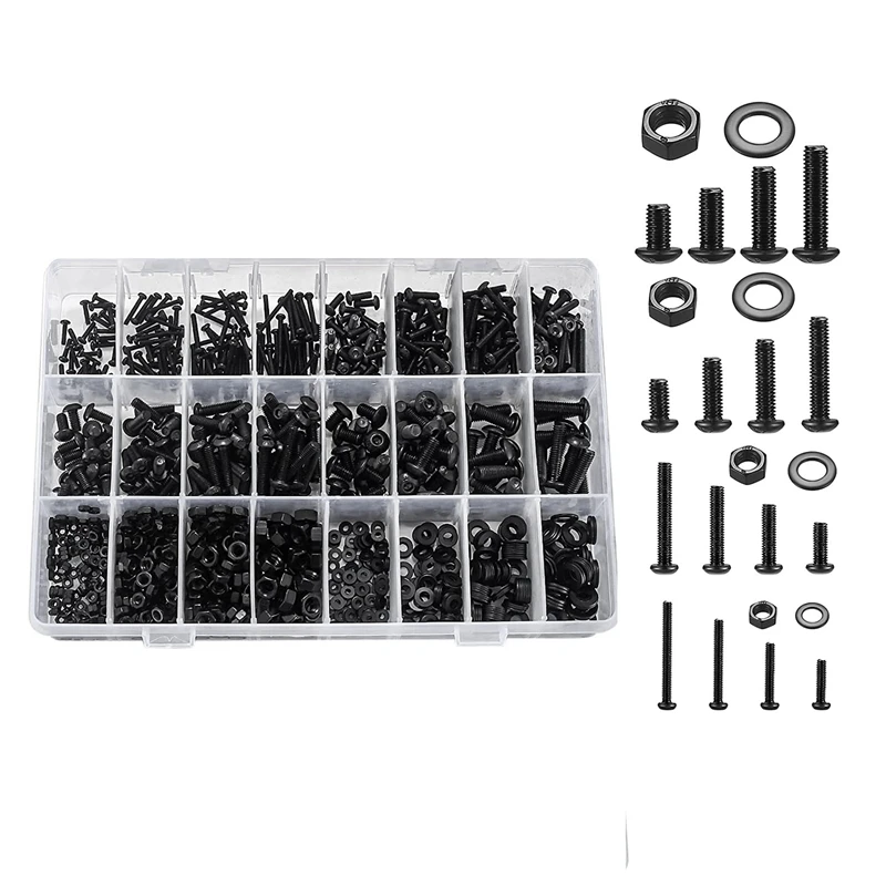 

1225 Pcs Hex Button Socket Head Cap Screws Bolts Nuts Flat Washers Assortment Kit Black Steel Machine Screws And Nuts