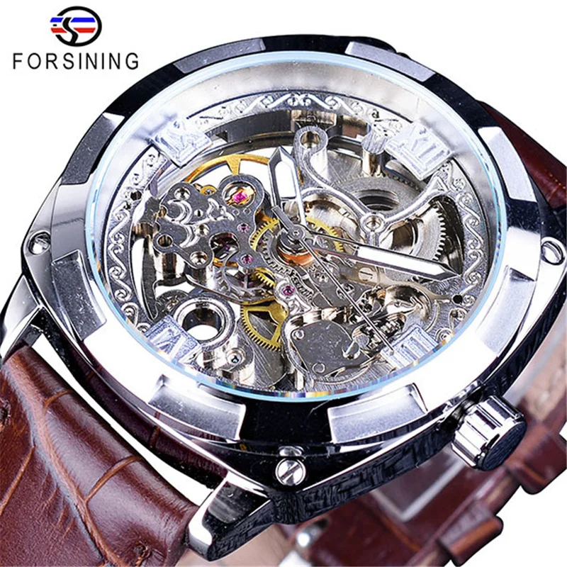 

Forsining 207B Mechanical Automatic Vintage Leather Strap Carved Dial Watch Man For Sale Casual Business Men's Clock
