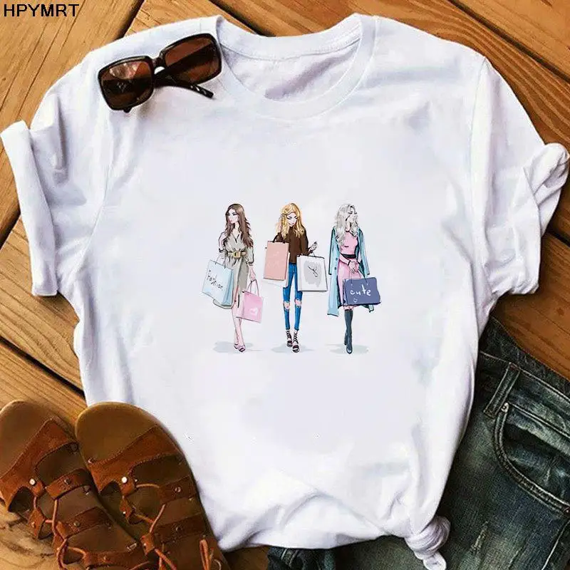 

Cute Summer Short Sleeve Casual Top Tee Clothes sisters Shopping Prints Fashion Shirt Lady Tshirt Female Cartoon Graphic T-shirt