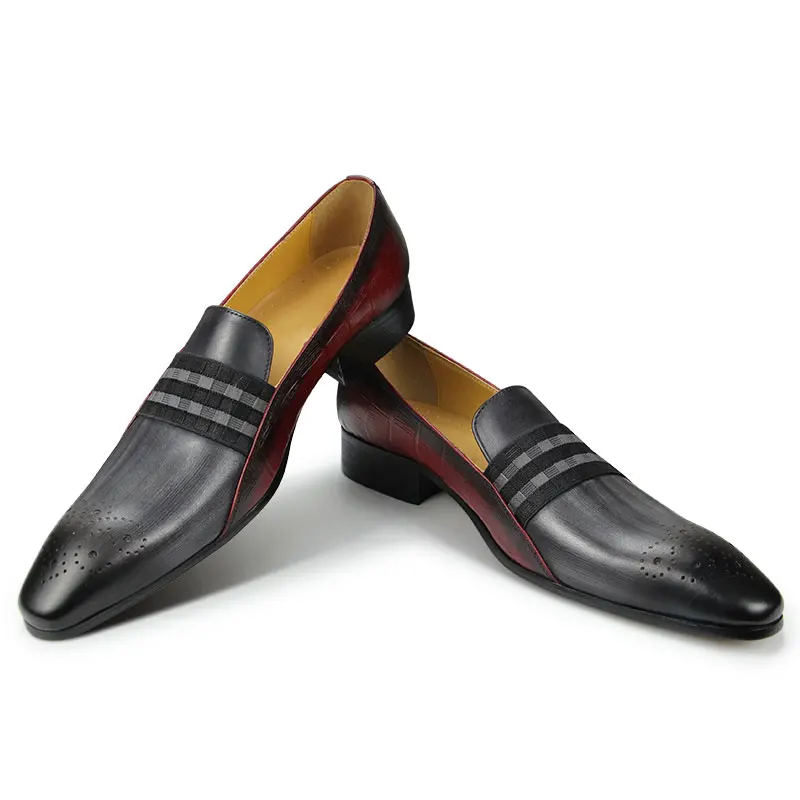 

Fashion Men Loafer Cowhide Shoes Casual Gentleman Party Wedding Leather Shoes Elastic Band Footwear Gray Red Mixed Striped