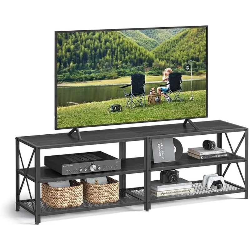 

TV Table, 63 Inches Width, TV Cabinet with Storage Shelves, Steel Frame, for Living Room, Bedroom, Black with Wood Grain