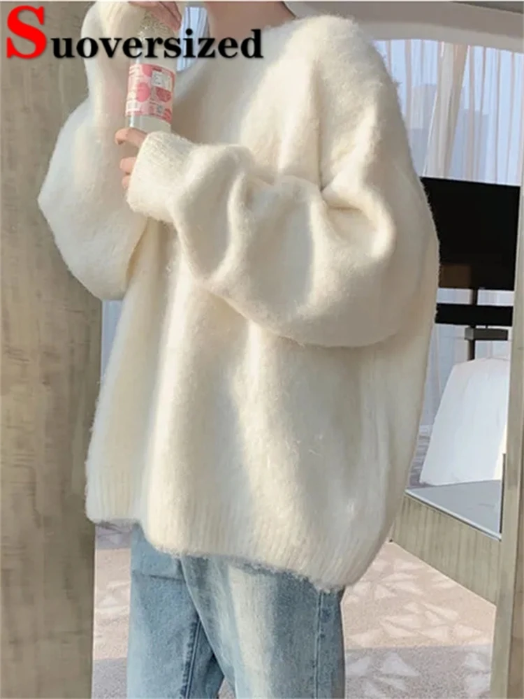 

Loose Soft Knitted Tops Korean Thicken Warm Women Pullover Long Sleeve Autumn Winter Sweater O-neck Elegant Knitwears Jumper