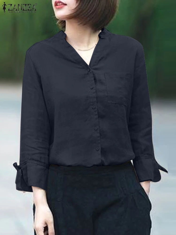 

ZANZEA женская летняя рубашка, винтажная блуза с v-образным вырезом и рукавом 3/4, однотонная офисная блуза, Хлопковая сорочка, Повседневная Туника на пуговицах, топы