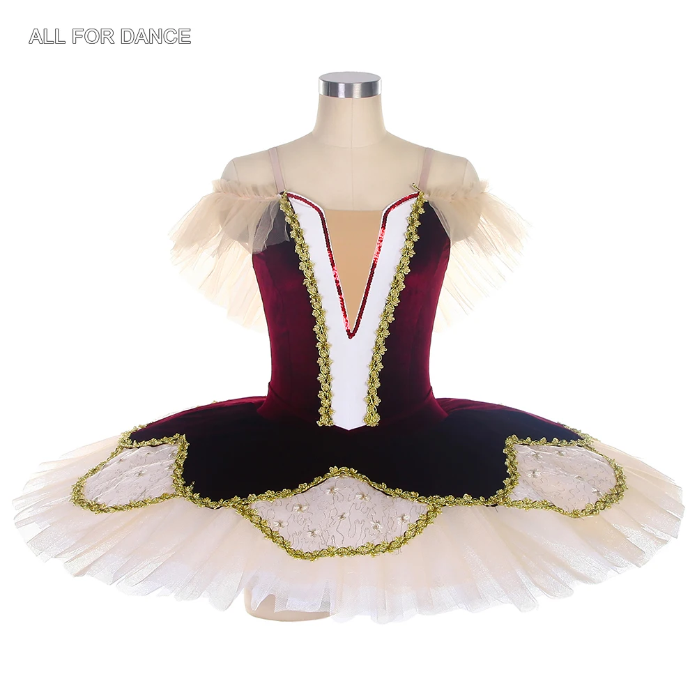 

BLL133 Off Shoulder Pre-Professional Ballet Dance Tutu Burgundy Velvet Bodice With Deep V Insert In The Front Pancake Tutus