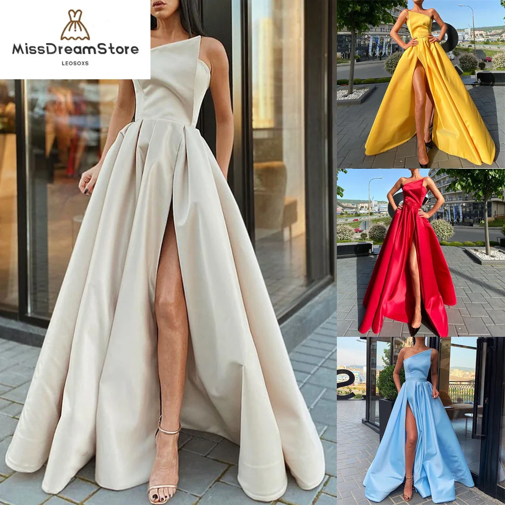 

One-shoulder bandeau dress long skirt sexy slit big swing dress