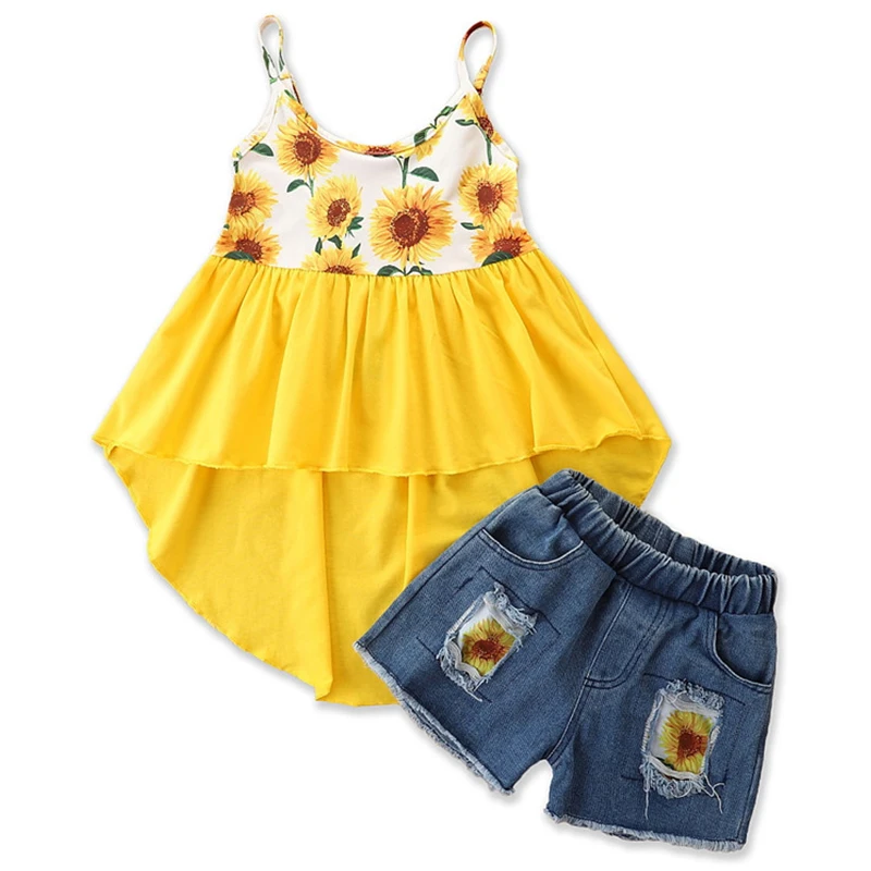 

2Piece Summer Children Clothes Girls Fashion Print Flowers Sleeveless Cotton Tops+Denim Shorts Baby Boutique Clothing Set BC1398