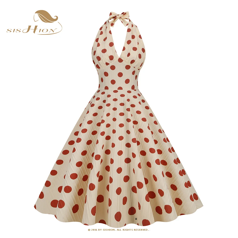 

SISHION 2023 New Women Halter Neck Button 60s Vintage Rockabilly Swing Dress Pockets Backless Sexy Polka Dot Dresses VD3499