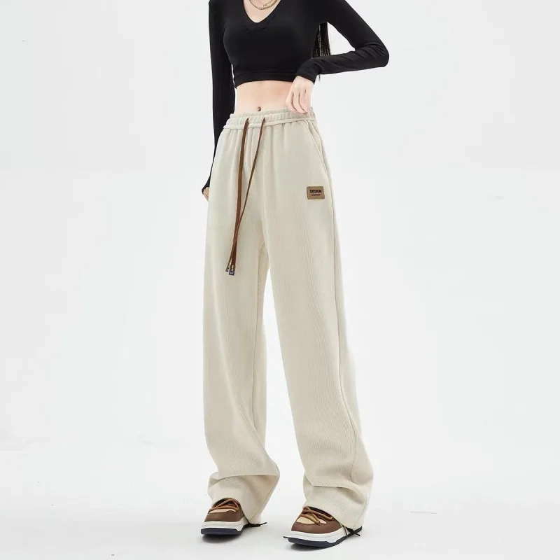 

Женские бежевые вельветовые брюки, винтажные свободные спортивные брюки для бега в Корейском стиле, прямые широкие штаны в стиле Харадзюку, штаны для отдыха