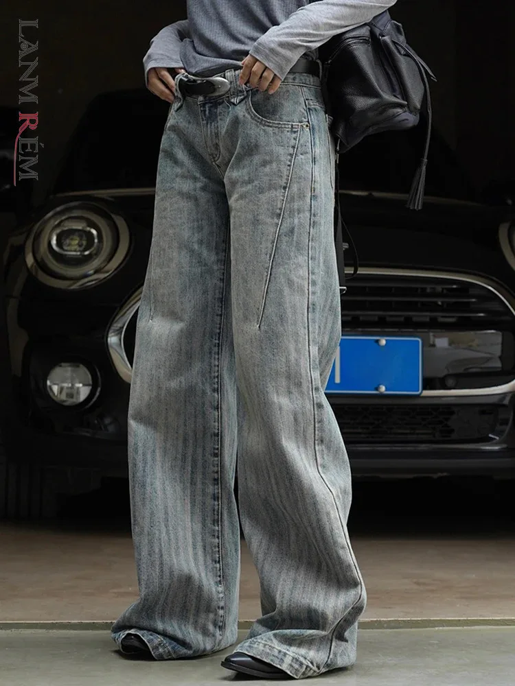 

LANMREM Mid Waist Jeans For Women Washed Striped Wide Leg Denim Pants Vintage Trousers 2024 Spring New Streetwear 26D8623