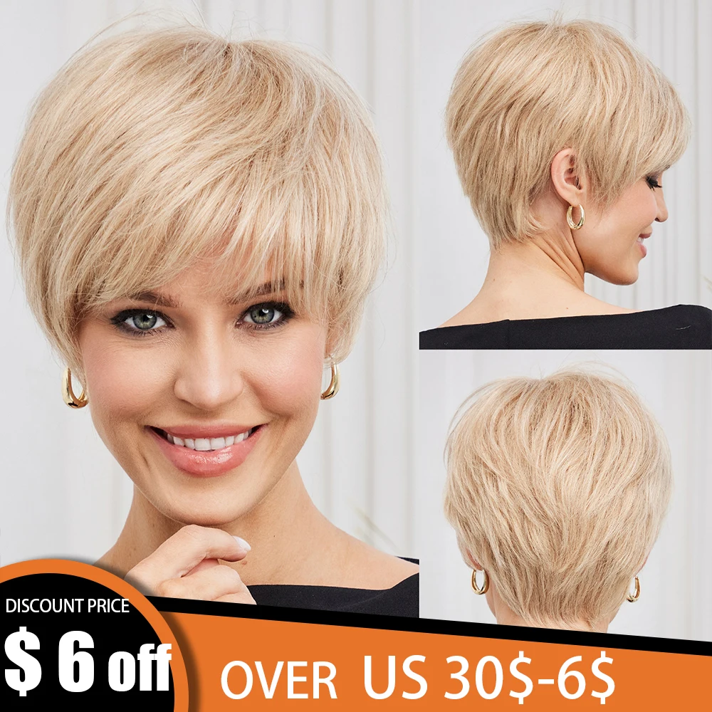 

Blonde Short Pixie Cut 100% Human Hair Wigs for Women Natural Straight Layered Wig with Bangs Bob Remy Human Hairs Glueless Wigs