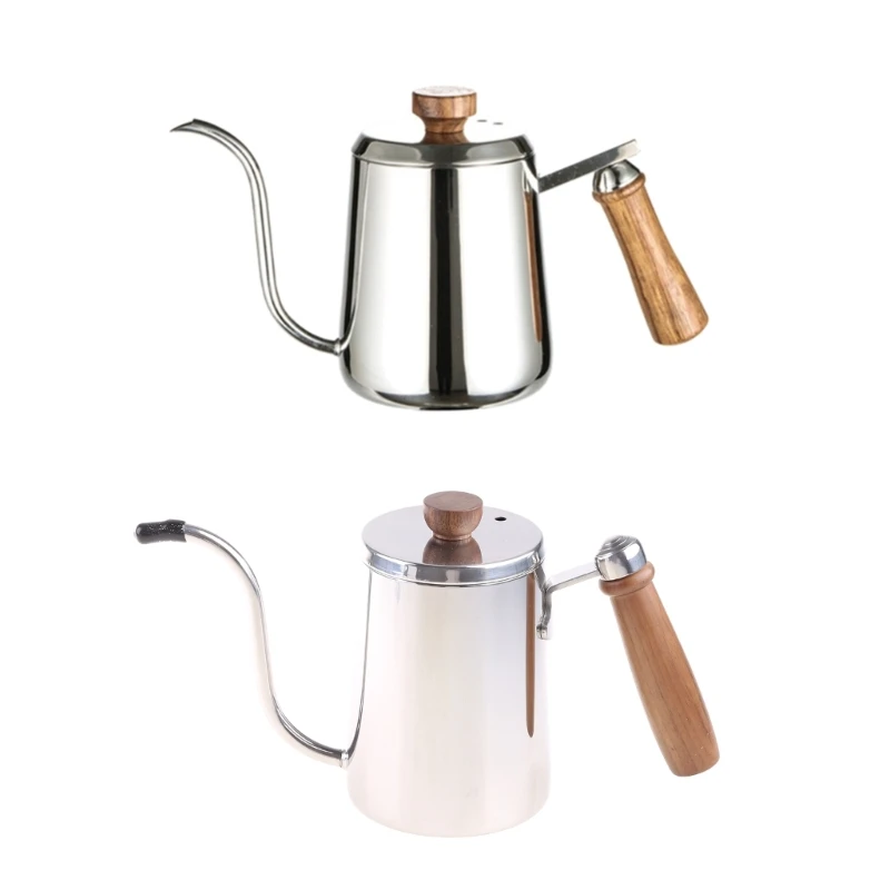 

300/600ml Stainless Steel Silver Coffee Kettle Long Narrow Gooseneck Spout Pour Over Thin Mouth Retro Tea Pot with Scale Wooden