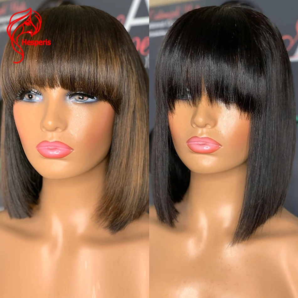 

Hesperis Wear And Go Wig Brazilian Remy Scalp Top Full Machine Made Human Hair Wig With Bangs Highlight Short Bob Cut Wigs