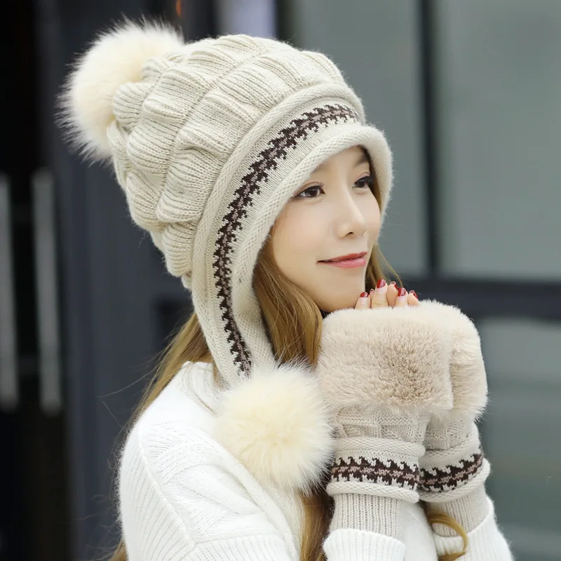 

2022 Winter Knit Hat Women Rabbit Fur Plush Snow Hats Pompom Female Solid Hip-Hop Outdoor Ear Protection Cap