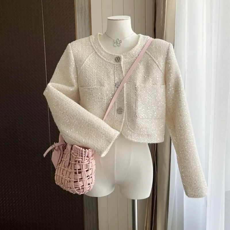 

White Sequined Korea Chic Fashion Short Coat Women Round Neck Simple Casual Small Fragrant French Lady Tweed Jacket Autumn 1788