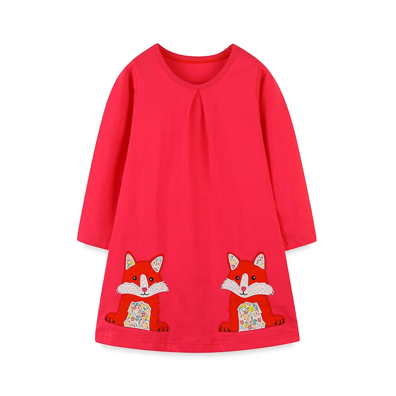 

Jumping Meters 2-7T Long Sleeve Girls Dresses Foxes Applique Children's Clothing Autumn Spring Kids Frocks Party Dress