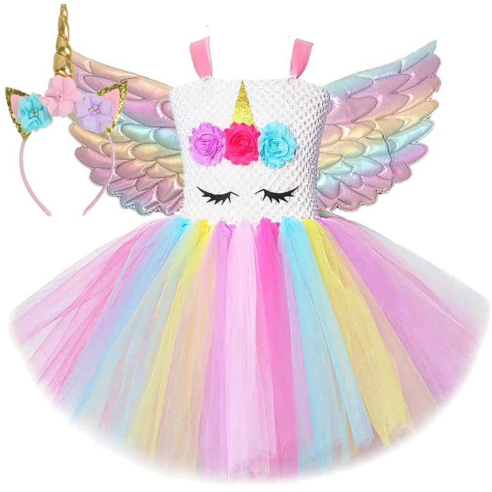 

Baby Girls Macaron Unicorn dresses for Kids Birthday Party Ballet Tutus Costumes Christmas New Year Outfit with Wings Flower Bow
