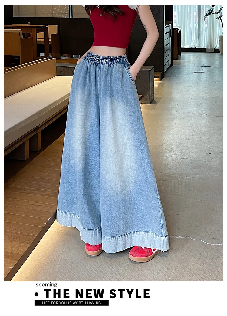 Summer Vintage Womens Loose Denim Wide Leg Pants Ladies Casual Elastic Waist Jeans Oversized Trousers Summer Vintage Womens Loose Denim Wide Leg Pants Ladies Casual Elastic Waist Jeans Oversized Trousers