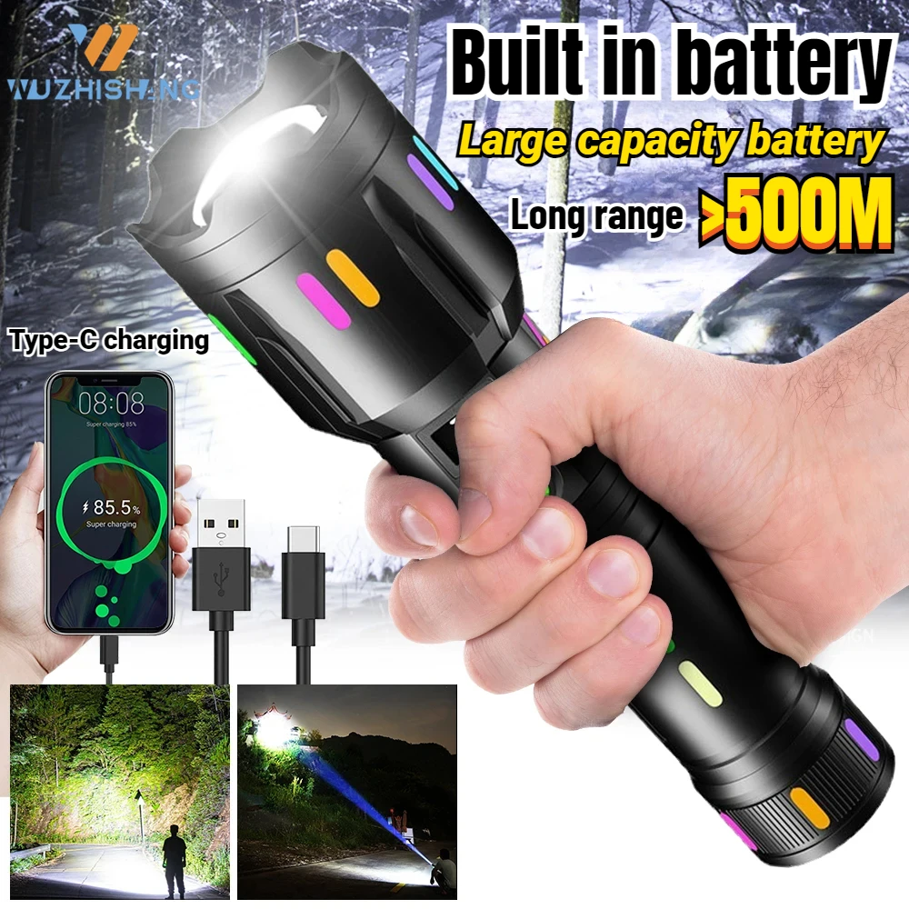 

White Laser Tactical Flashlight Type-C Rechargeable Camping Torch Portable Telescopic Zoom Spotlight Outdoor Waterproof Lantern