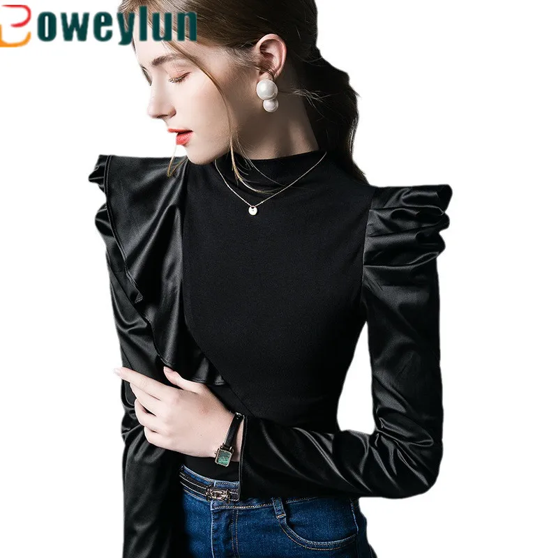 

Boweylun Ruffle Bubble Sleeve Top Women Autumn Patchwork Solid Crew Neck Temperament Long Sleeve Tee