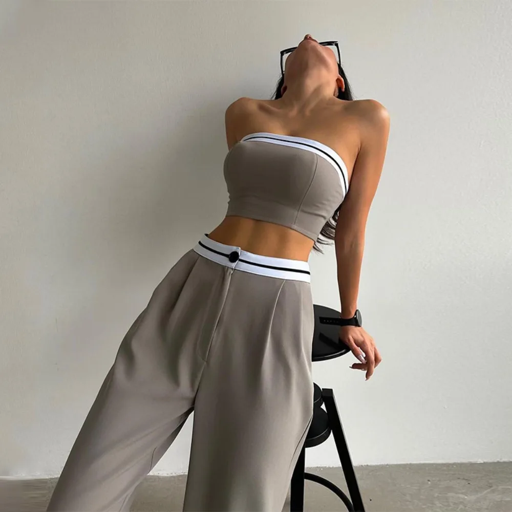 

New Spicy Girl Outwear Sports Tank Top with Contrast Color High Waist Wide Leg Long Pants Casual Set